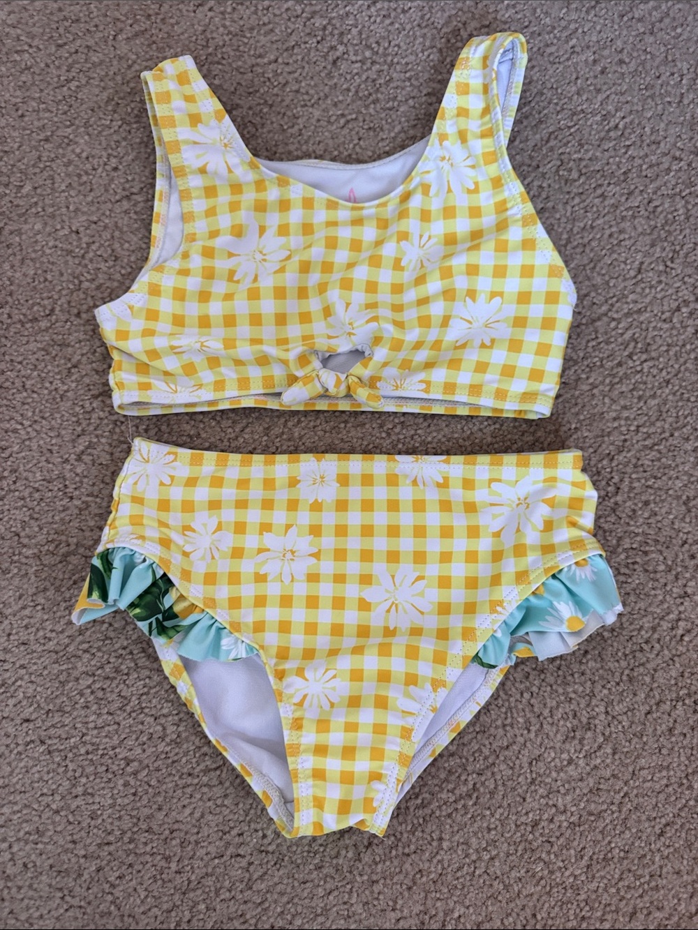 Yellow Gingham Floral Kids Bikini Set with Ruffle Detail